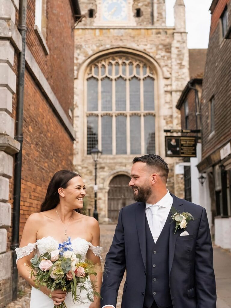 A couple before the old brick buildings of Rye, The George in Rye