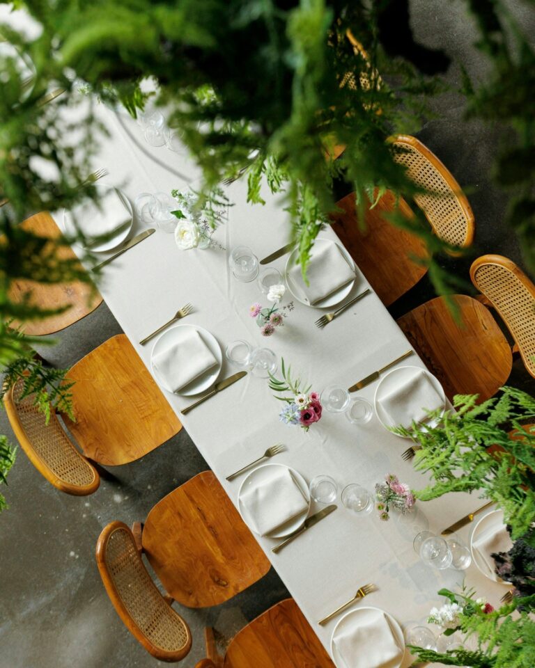 The table from above, glassware and linen, The Greenhouses