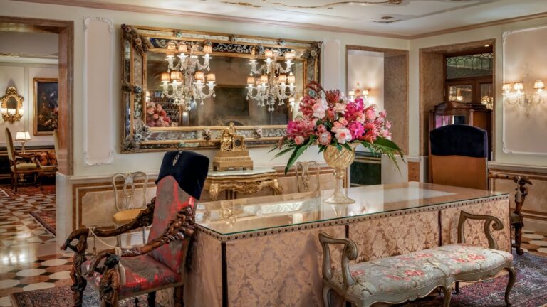 The palazzo lobby, richly Venetian, The Gritti Palace