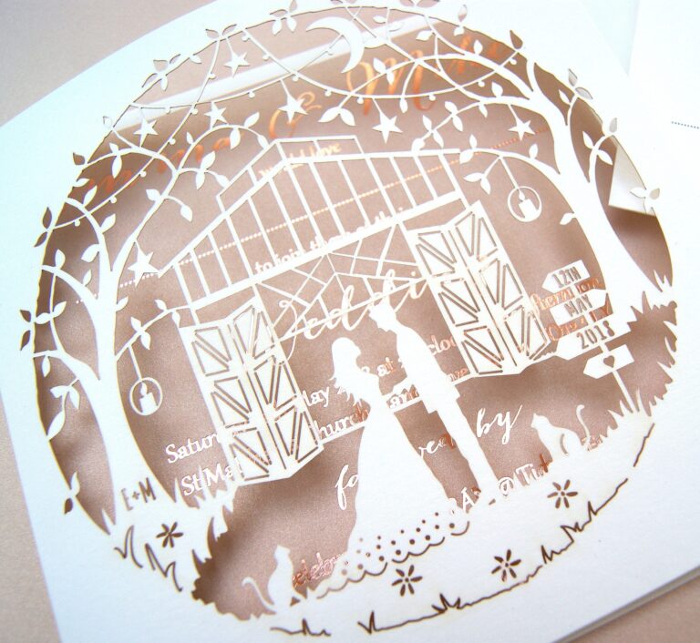 Bespoke laser cut invitation with a barn wedding scene, The Hummingbird Card Company