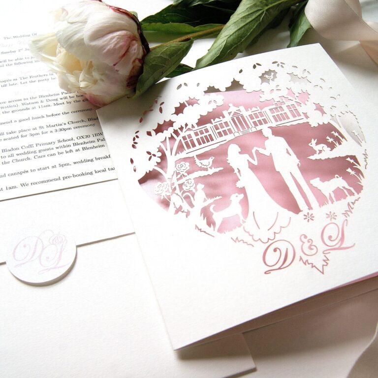 Bespoke laser cut invitation in blush with a monogram, The Hummingbird Card Company