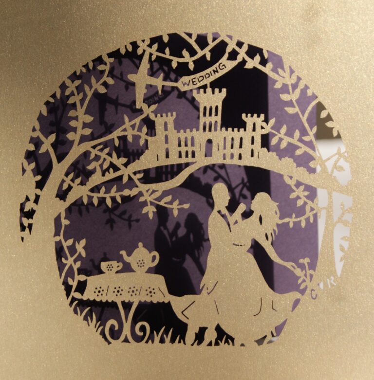 Bespoke laser cut invitation with a country house scene, The Hummingbird Card Company
