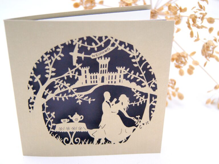 Bespoke laser cut invitation in navy, The Hummingbird Card Company