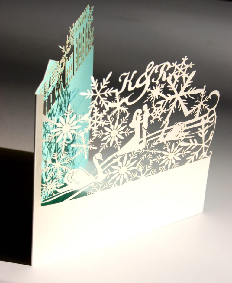 Bespoke laser cut invitation with turquoise lining, The Hummingbird Card Company