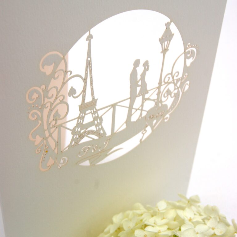 Bespoke laser cut Paris themed invitation, The Hummingbird Card Company