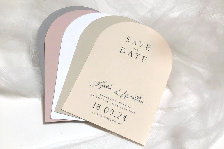 Arch shaped save the dates in a range of colours, The Hummingbird Card Company