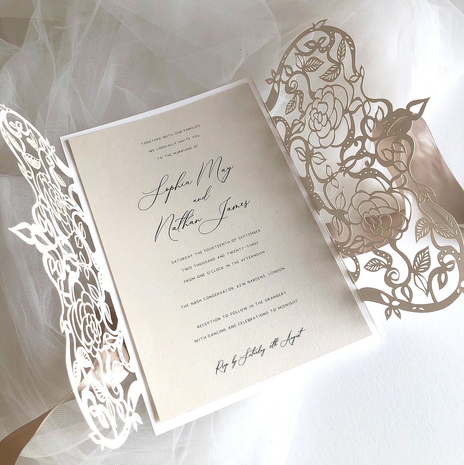 Lace gatefold opened to show the printed invitation, The Hummingbird Card Company