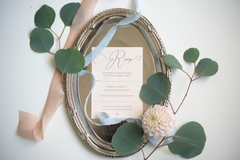 Invitation and place card styled with eucalyptus and a mirror, The Hummingbird Card Company