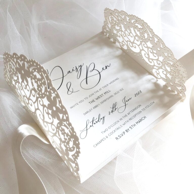 Doily lace gatefold invitation, The Hummingbird Card Company