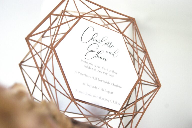 Copper geometric frame holding an invitation, The Hummingbird Card Company