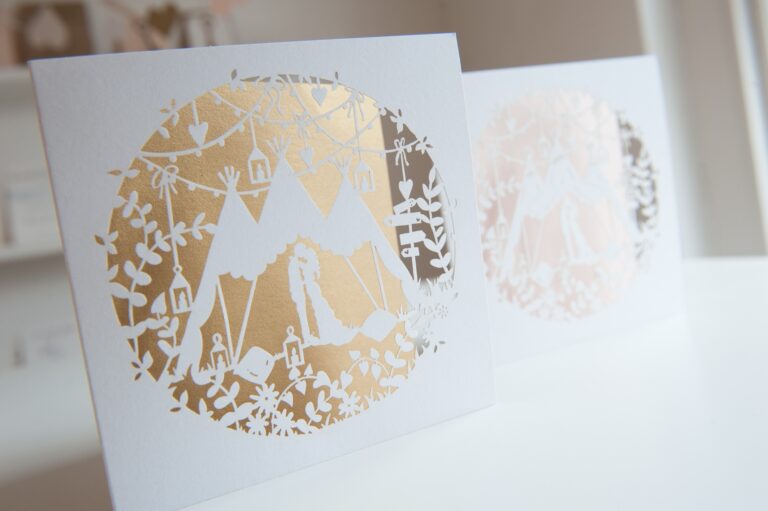 Gold foil and laser cut circular invitation, The Hummingbird Card Company