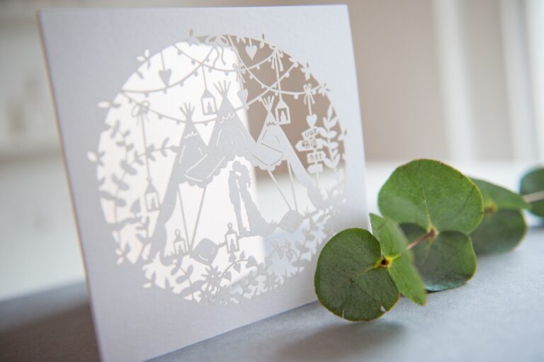 White laser cut circular invitation with eucalyptus, The Hummingbird Card Company