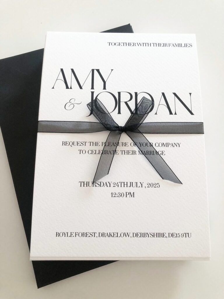 Modern monochrome invitation suite tied with ribbon, The Hummingbird Card Company