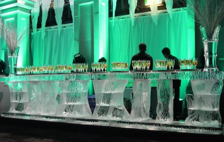 A 5m ice bar with 1920s style ice vases and green lighting, The Ice Box