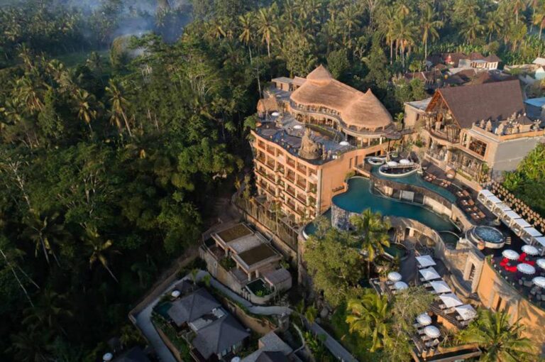 Aerial view of the resort in the Payangan valley, The Kayon Jungle Resort