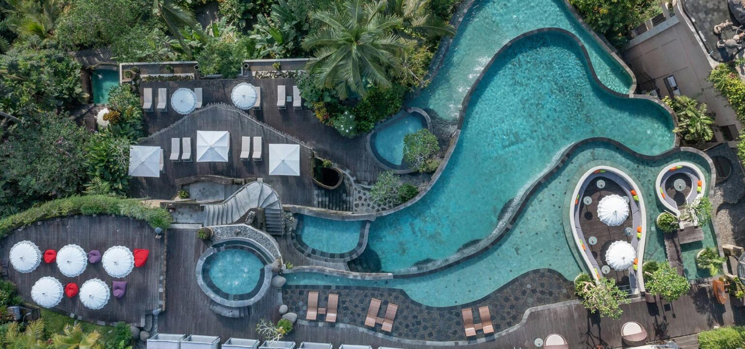 The three-tier pool terraces at The Kayon Jungle Resort