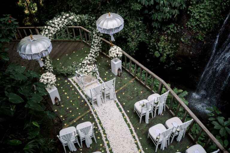 Ceremony set-up with white umbrellas at the Canyon Jetty, The Kayon Ubud Resort