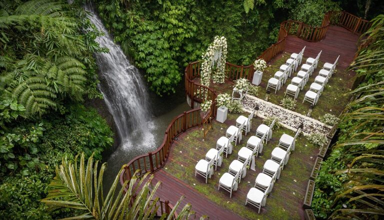 Aisle and seating on the Canyon Jetty deck, The Kayon Ubud Resort