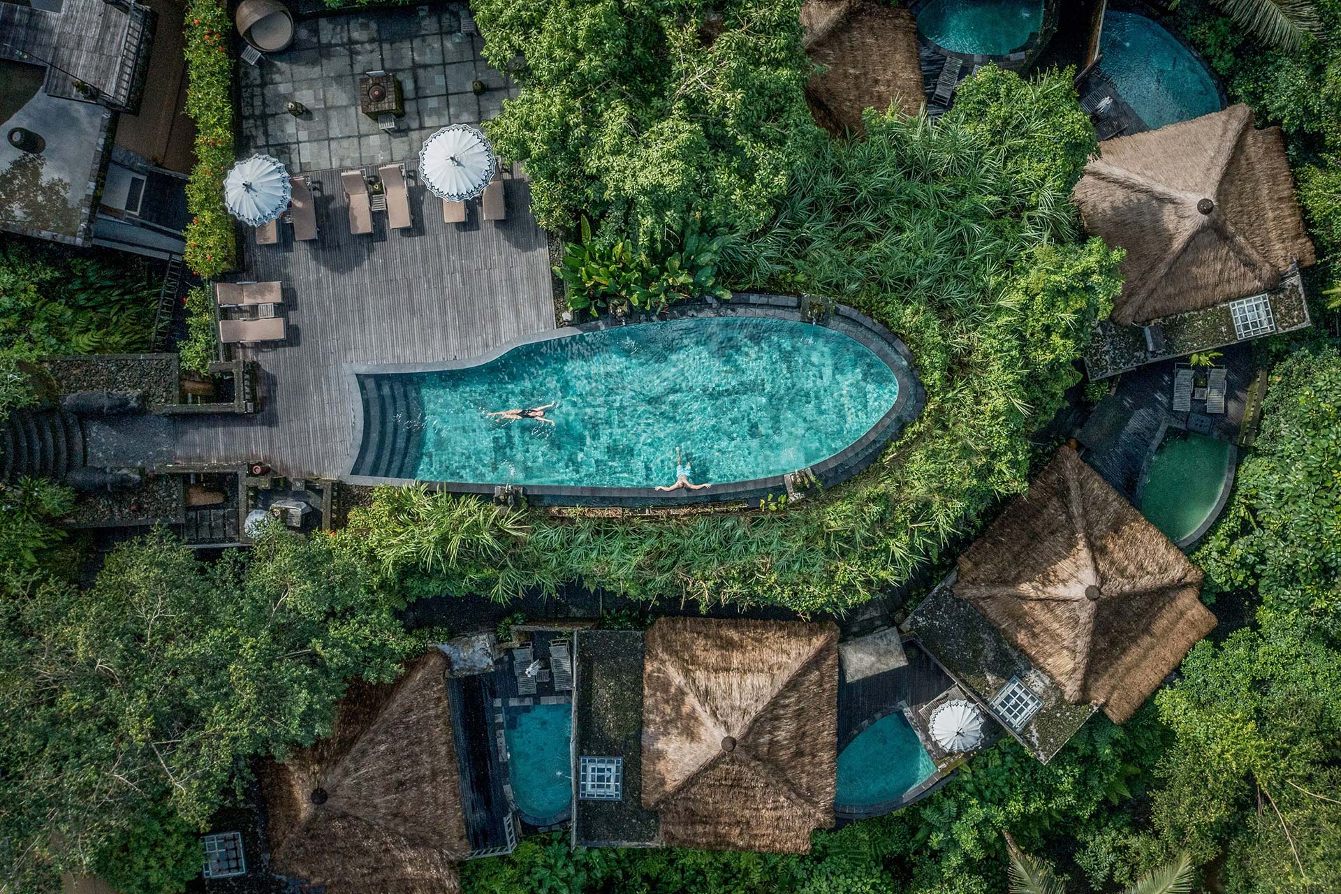 The pool and villas seen from above, The Kayon Ubud Resort