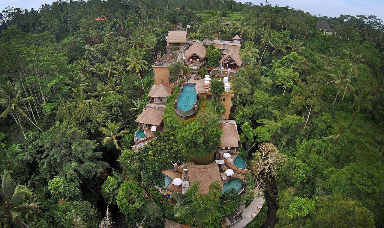 The resort among the jungle canopy from above, The Kayon Ubud Resort