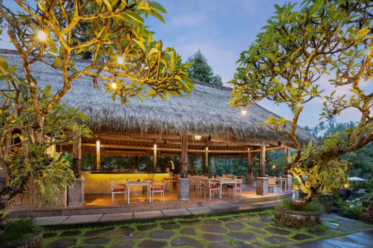 Kepitu restaurant at dusk, The Kayon Ubud Resort