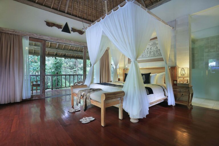 River Edge Pool Villa canopy bed and balcony, The Kayon Ubud Resort