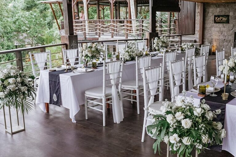 Long dinner table set in the Puspaka chapel, The Kayon Valley Resort Ubud