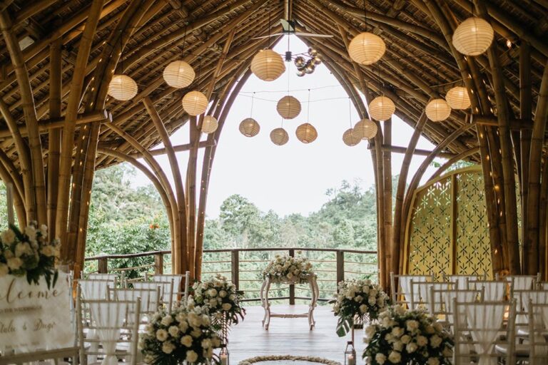 Puspaka chapel under the bamboo roof with paper lanterns, The Kayon Valley Resort Ubud