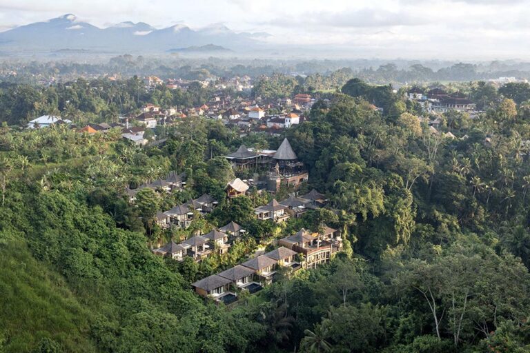 The resort in the hillside with Ubud beyond, The Kayon Valley Resort Ubud