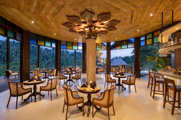 Kepitu Restaurant interior with stained glass windows, The Kayon Valley Resort Ubud