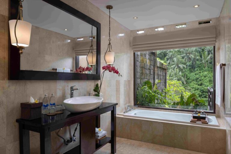 Kayon Valley Pool Villa bathroom with a valley window, The Kayon Valley Resort Ubud