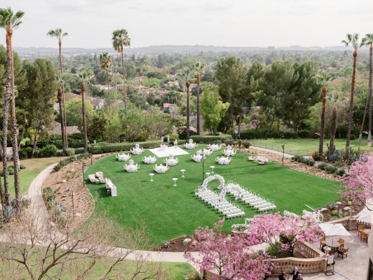 Ceremony and reception lawn in the garden seen from above, The Langham Huntington Pasadena