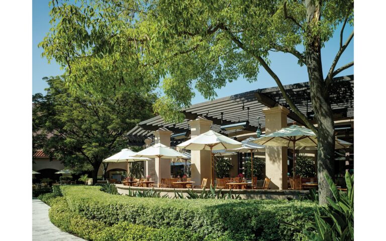 The Terrace dining area under garden trees, The Langham Huntington Pasadena