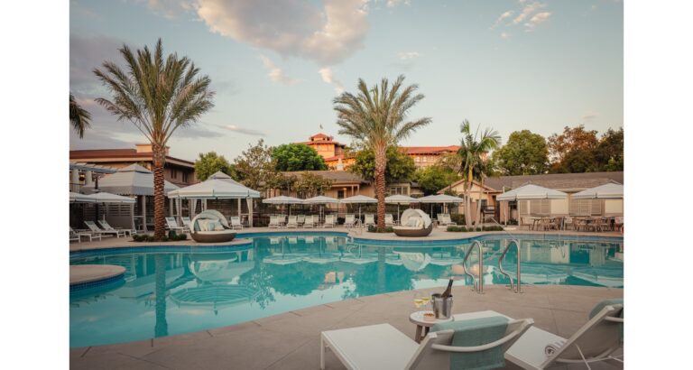 Palms and cabanas around the pool, The Langham Huntington Pasadena