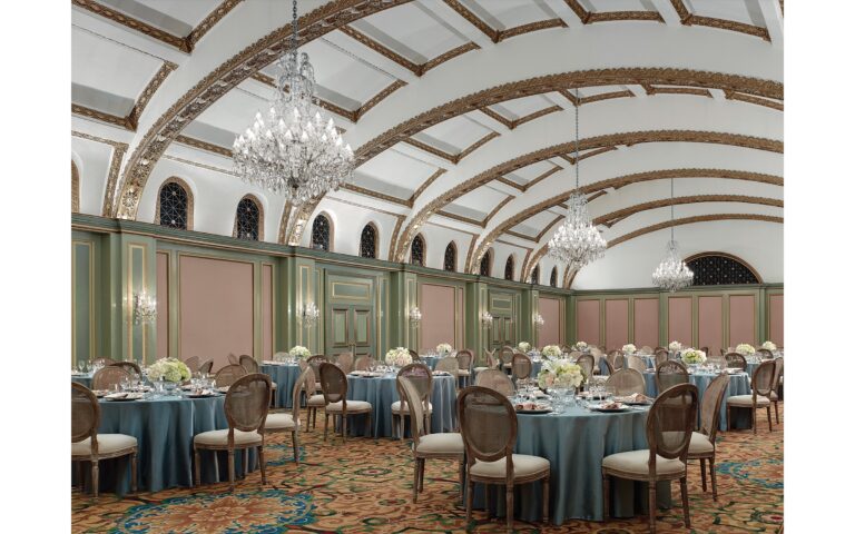 The Viennese Ballroom with banquet tables in blue linen, The Langham Huntington Pasadena