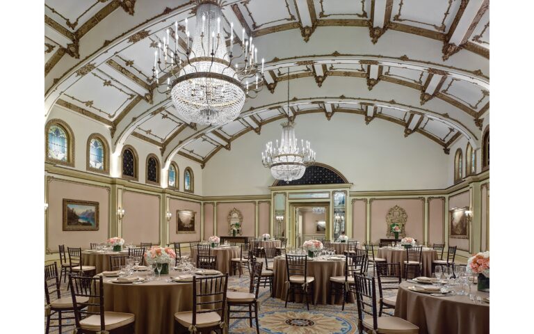 The Georgian Ballroom with its vaulted ceiling and chandeliers, The Langham Huntington Pasadena