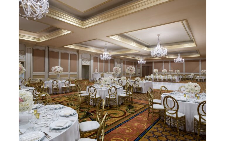 The Huntington Ballroom set with round tables, The Langham Huntington Pasadena