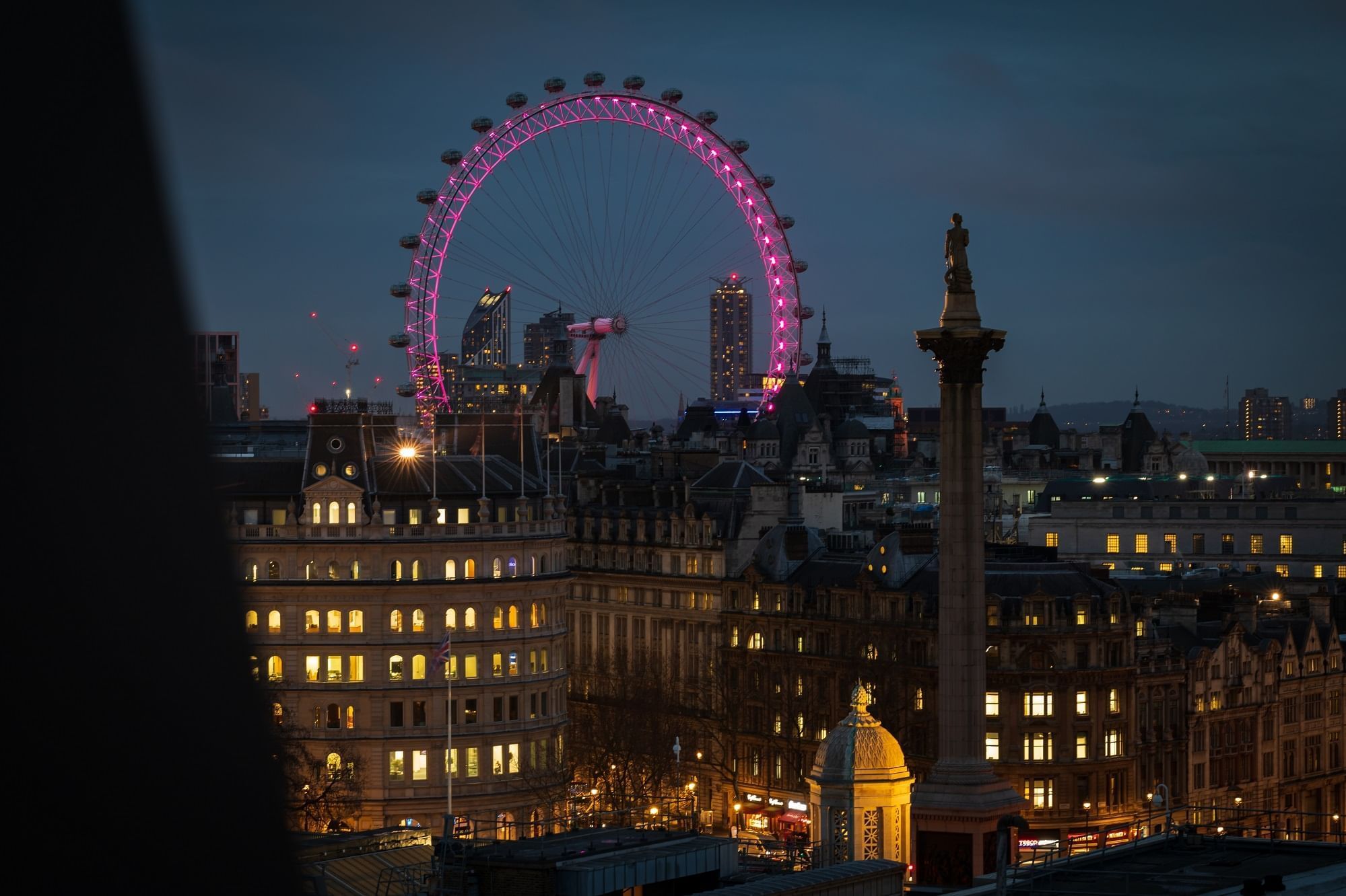 The view at dusk from the hotel towards Trafalgar Square, Nelson's Column and the London Eye, The Londoner