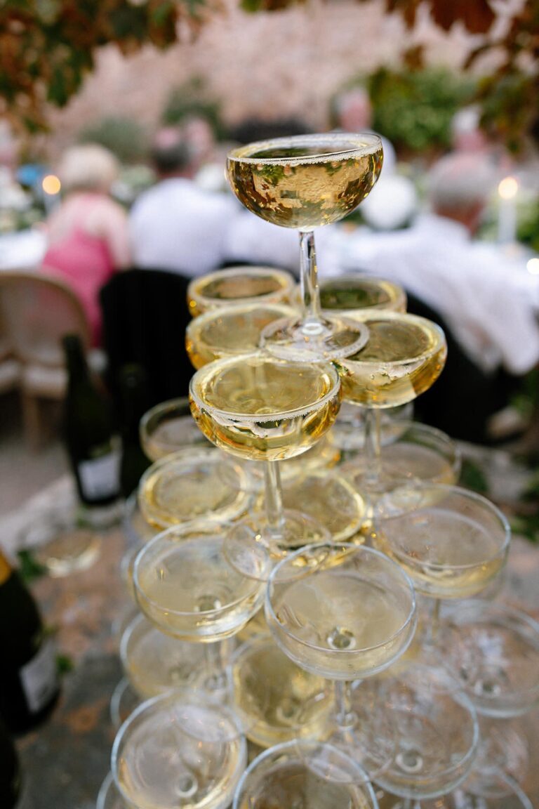 A tower of chilled coupes, The Mallorca Wedding Company