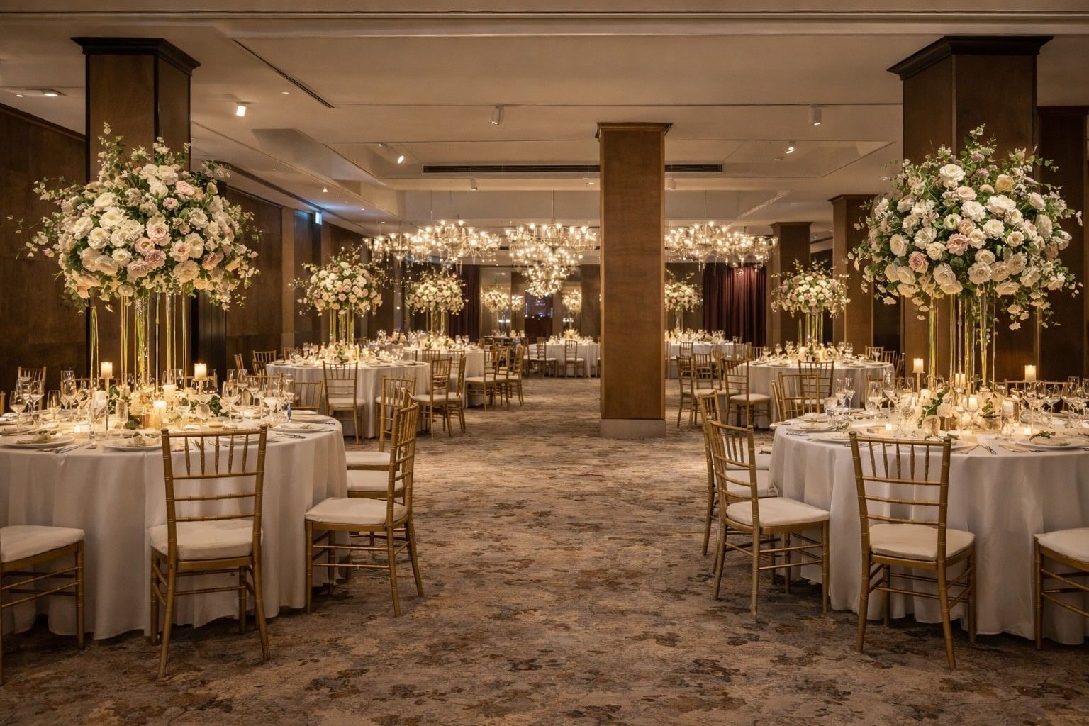 The Crystal Ballroom set for a wedding reception, round tables with gold chairs and tall white rose arrangements, The May Fair