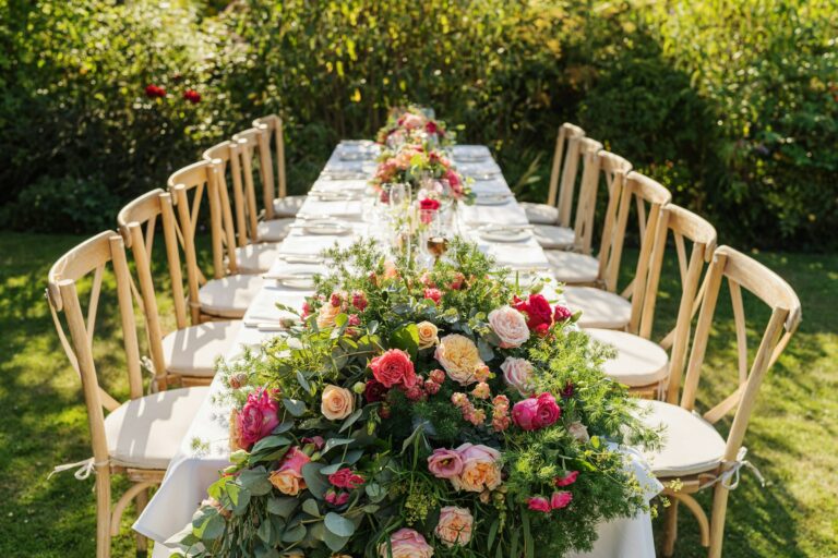 A long wedding table dressed with garden roses and eucalyptus on the lawn, The Montagu Arms Hotel