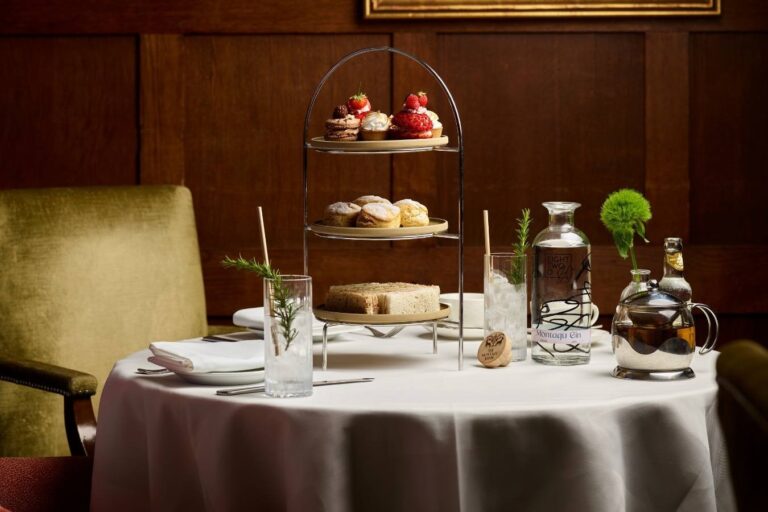 An afternoon tea stand in the panelled lounge, The Montagu Arms Hotel