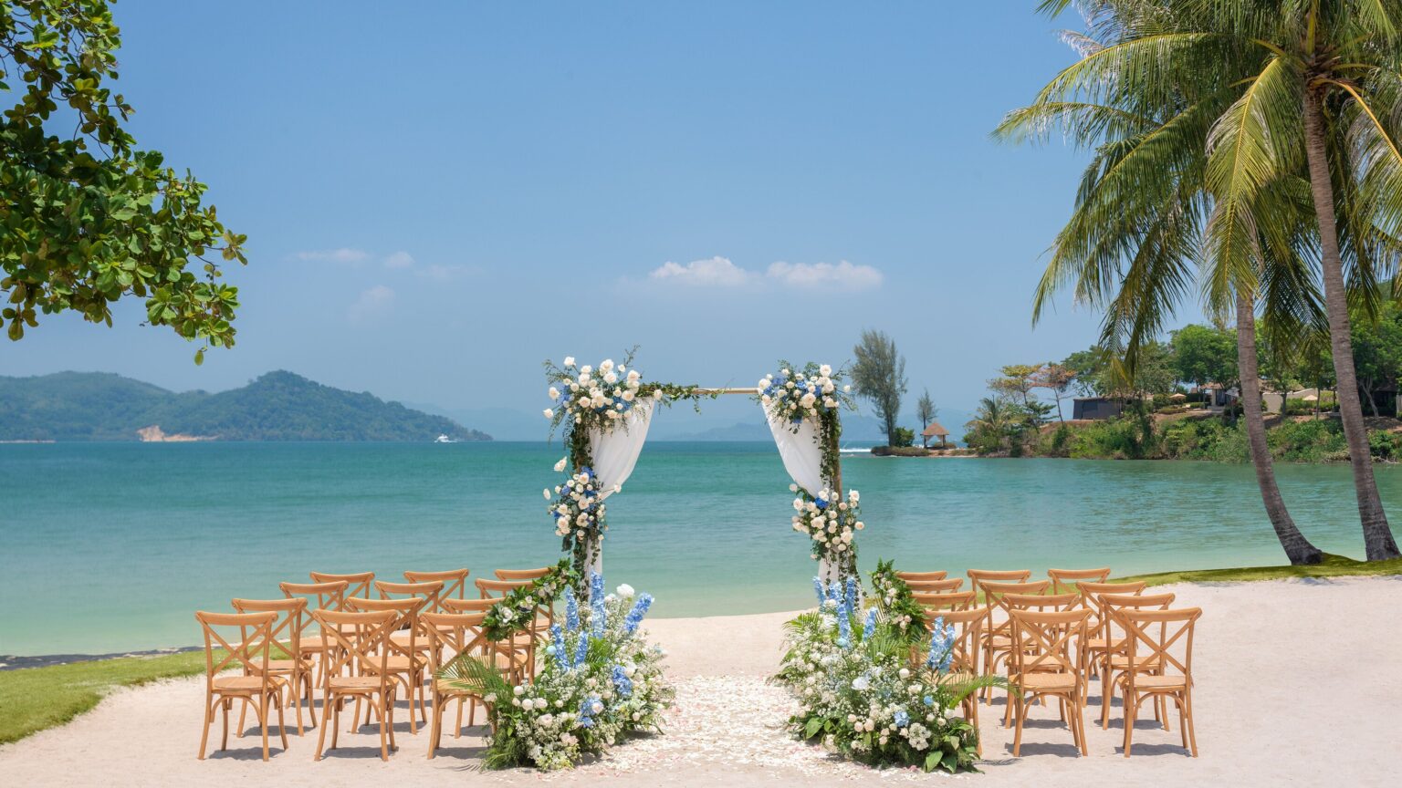 A wedding set up on the beach lawn