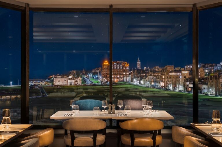 A Restaurant with Views Across St Andrews at Dusk, The Old Course Hotel