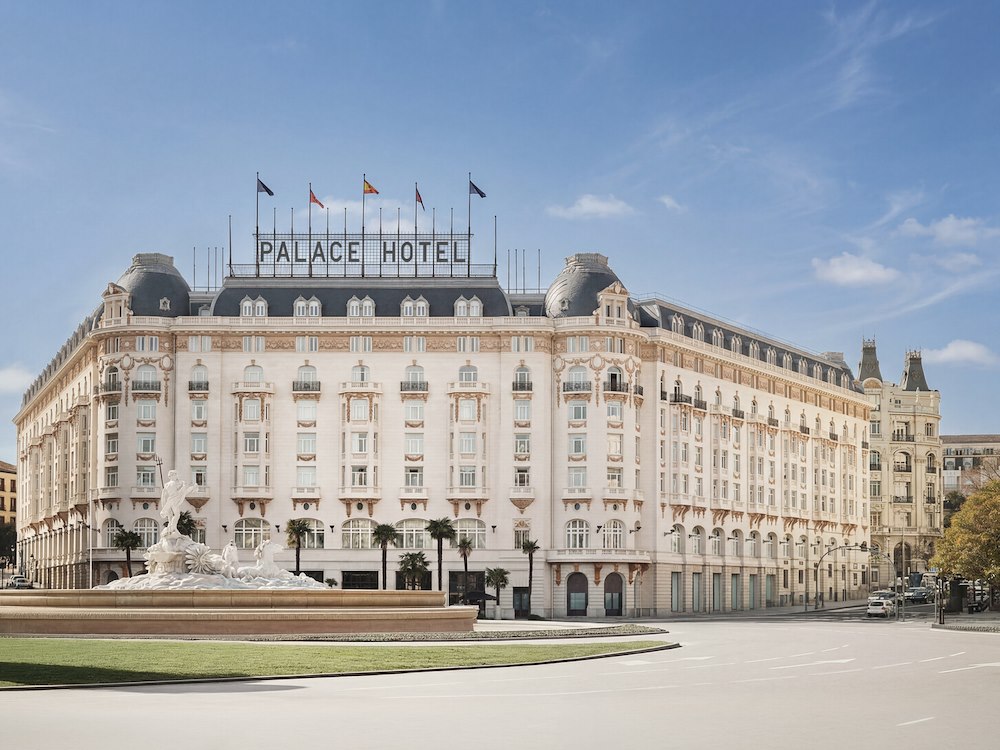 The hotel facade on Plaza de Cánovas del Castillo with the Neptune Fountain in front, The Palace, a Luxury Collection Hotel, Madrid