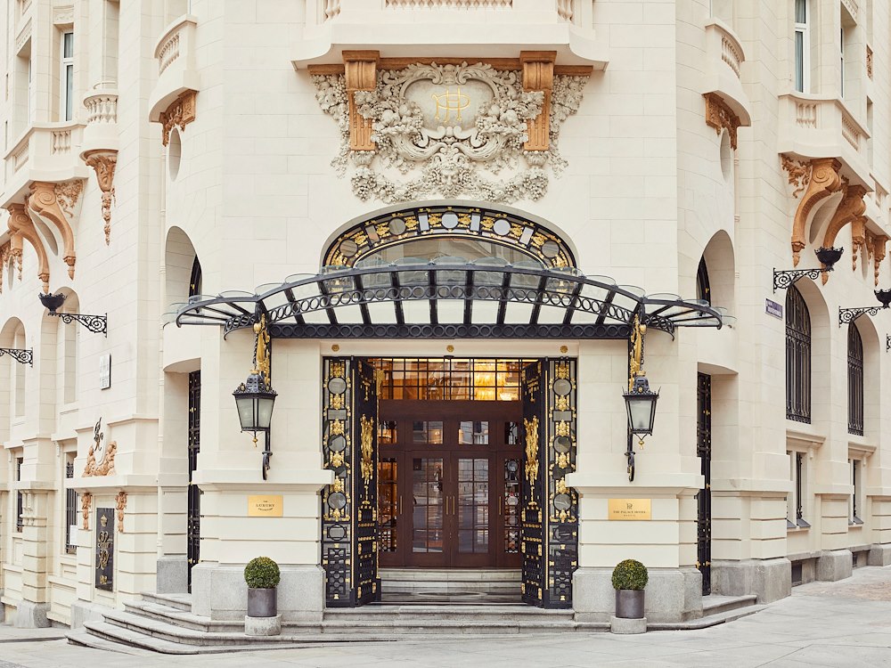 The main entrance with its iron and glass canopy, The Palace, a Luxury Collection Hotel, Madrid