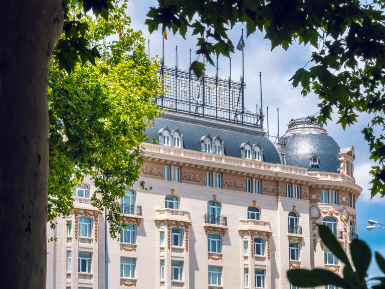 The corner dome and upper floors seen through the trees, The Palace, a Luxury Collection Hotel, Madrid