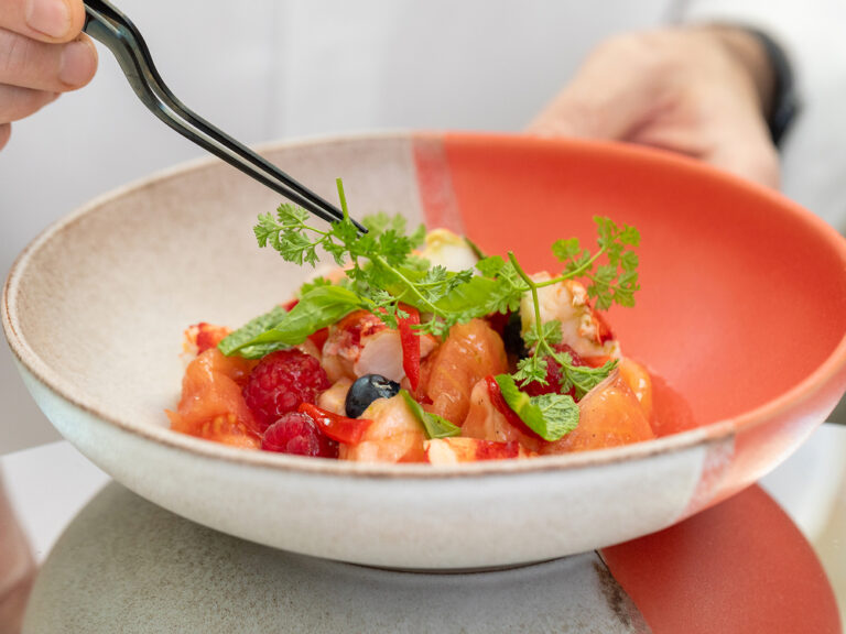 A starter served in a coral bowl at La Cúpula, The Palace, a Luxury Collection Hotel, Madrid