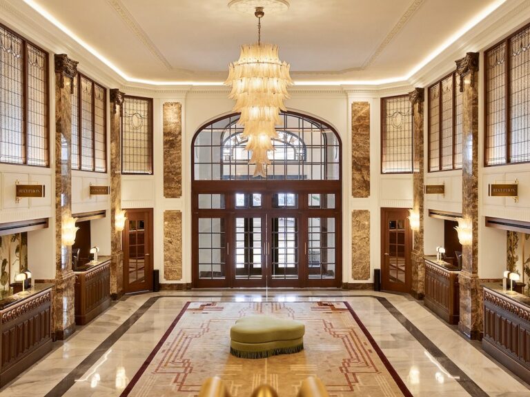The lobby with its marble floor and chandeliers, The Palace, a Luxury Collection Hotel, Madrid