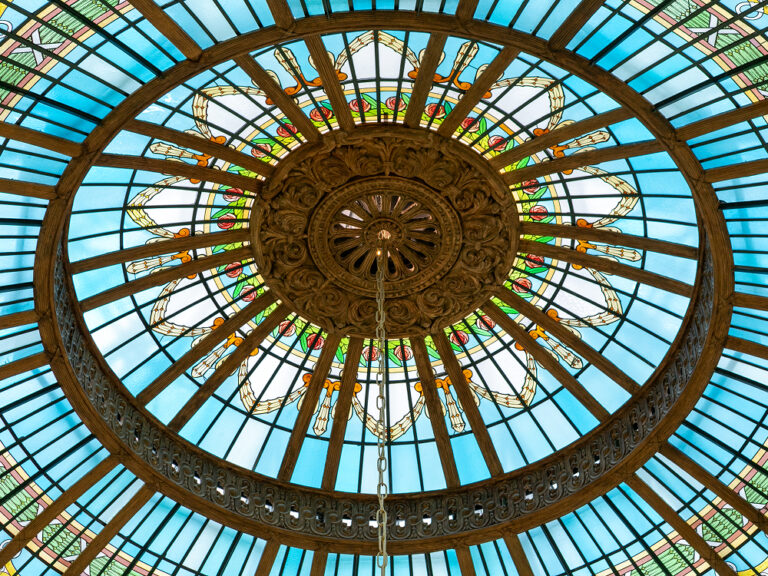 The stained glass dome seen from below, The Palace, a Luxury Collection Hotel, Madrid